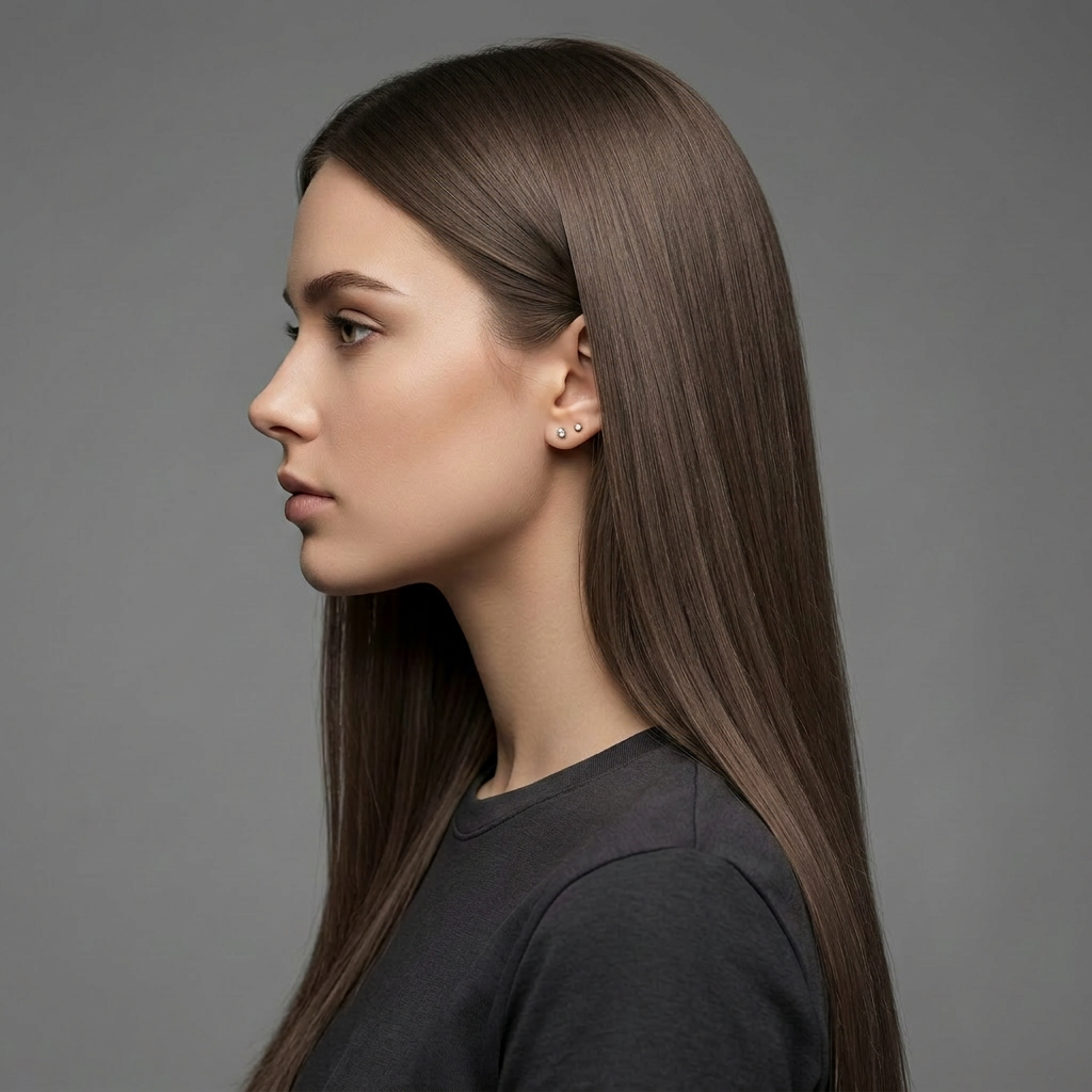 2H Ash Brown hair colour — Side close-up