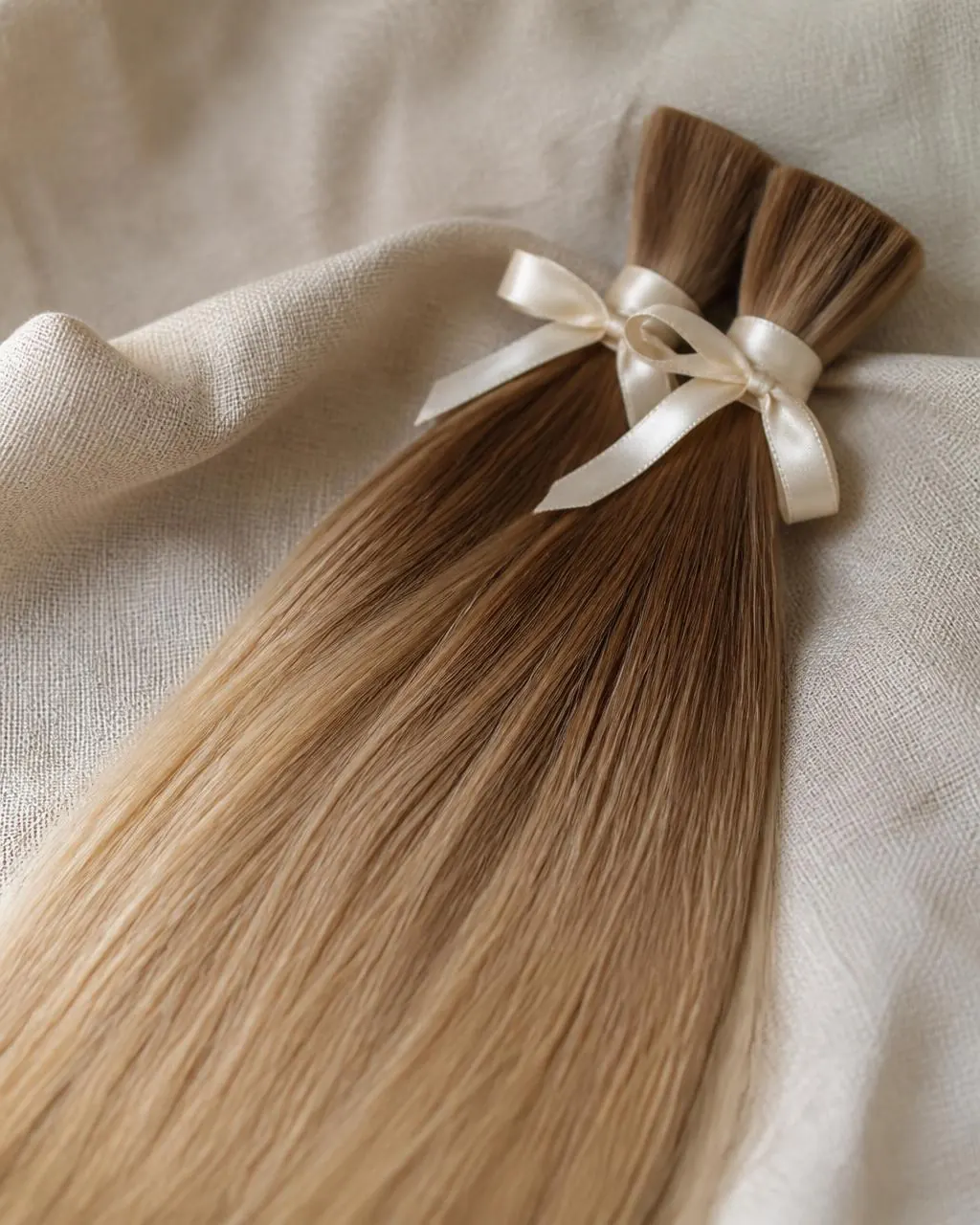 AVRÉE human hair extension bundles tied with ivory silk ribbon on natural linen